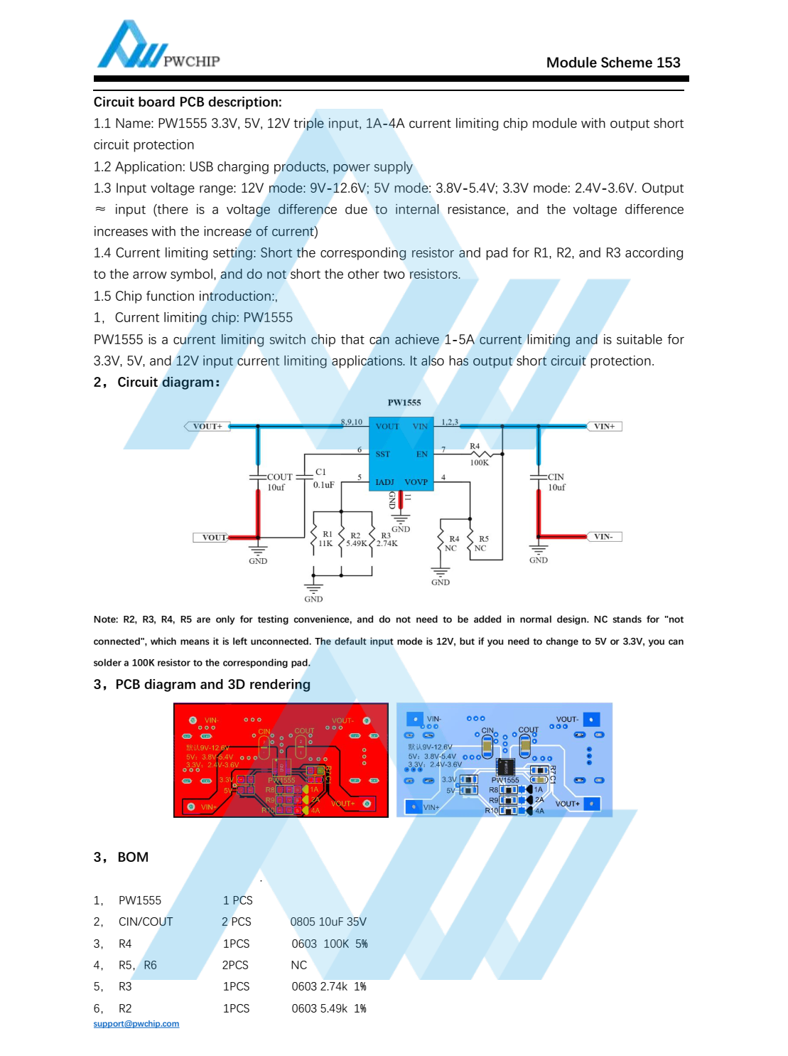 PW1555 3.3V, 5V, 12V triple input, 1A4A current limiting chip module